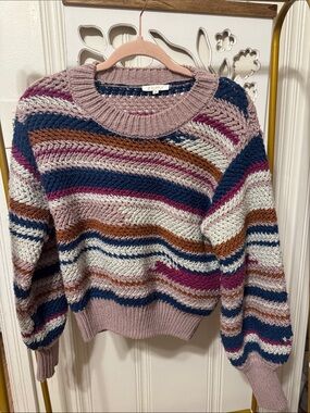 Z Supply Multicolor Striped Crewneck Sweater in Dusty Pink, Navy & Brown